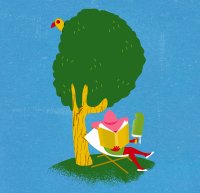 Illustration of woman reading a book by a tree while holding a popscicle