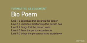 Bio Poem: Line 1) 3 adjectives that describe the person; Line 2) 1 important relationship this person has; Line 3) 2 things that the person loves; Line 4) 3 fears the person experiences; Line 5) 2 things the person wants to experience