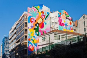 'Los Frutos del mar y la montaña' mural painting of artists Zosen Bandido with Mina Hamada on January 25, 2020 in Vigo