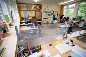 The teacher's desk is protected with a transparent foil.