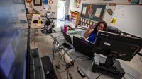 Spanish teacher conducts class remotely from her classroom