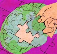 Illustration of a brain with a puzzle piece being placed