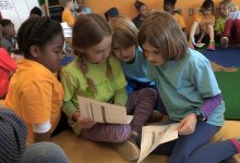 A group of primary school students are reading and working together.