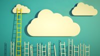 Stylized illustration of ladders rising up toward clouds
