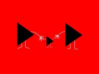 Red graphic with a family of video play button cartoon characters