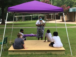 Teacher and students using outdoor classroom at North Rowan Elementary