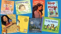 Eight children's book covers: Hirome's Hands, Juna's Jar, Amina's Voice, Step Up to the Plate, Cora Cooks Pancit, American Born Chinese, A Different Pond, and The Ugly Vegetables
