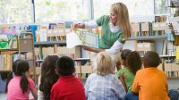 Teacher reading book to elementary students