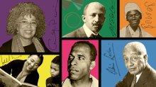 A photo collage of Angela Davis, Web DuBois, Sojourner Truth, Alain LeRoy Locke, Frantz Fanon, and bell hooks