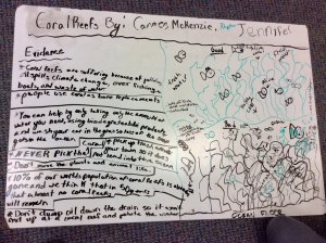 Large whiteboard with coral reef diagram drawn on it