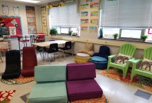 A flexible seating classroom with a variety of chairs, tables, rugs, and stools