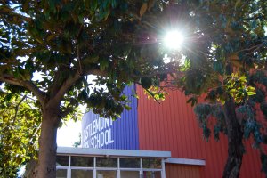 Exterior shot of Castlemont High School, East Oakland, CA