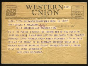 A telegram from Boyd Coab to Cordelia Williams notifies her of the death her son Leroi S. Willliams, killed in duty.