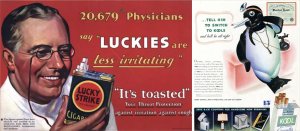 Vintage cigarette ads depicting physicians touting tobacco's health benefits