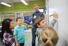 formative assessment grade Elementary school students working together at a whiteboard with their teacher observing
