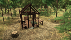 Still from Walden video game showing cabin scene
