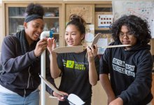 Students construct a model wind turbine for the Green Energy Pathway at Skyline High School in Oakland. 