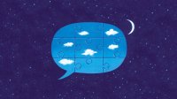 Illustration of a puzzle conversation bubble filled with clouds in the night sky