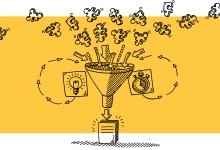 Illustration of funnel workflow concept with puzzle pieces, time and ideas