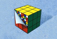 Illustration of a puzzle cube with peeling top layer