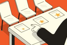 Illustration of teacher making a choice between 3 papers