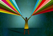 Illustration of strong woman with colorful rays coming from hands