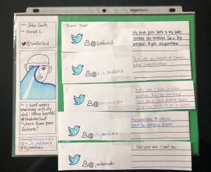 A Twitter board for a middle school classroom made out of paper