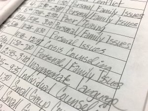 A page of Sonya Mora's schedule is packed with meetings with student to discuss personal and family issues, conflicts and inappropriate language, and crisis counseling.