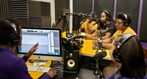 Students at Michele Clark Magnet High School in Chicago record a podcast.