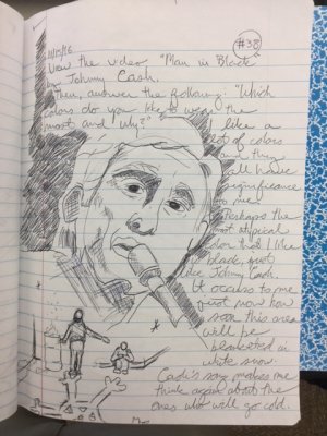 A lined journal page with a large sketch of Johnny Cash and a student's thoughts on Johnny Cash's song 'Man in Black'