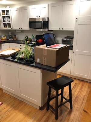 John Thomas uses a box on his kitchen counter as a standing desk.