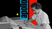 A photo of mathematician Katherine Johnson working at NASA superimposed on a black, blue, and red background with the word "Apollo" behind her