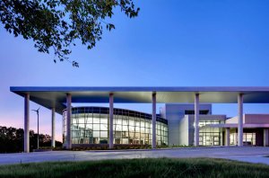 Large outdoor canopy in front of Ladybird Johnson Middle School in Irving, Texas.