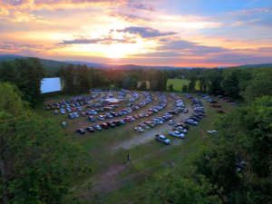 Cars line up at a drive-in movie theater in Massachusetts.