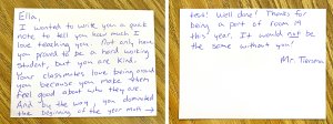 Handwritten note from teacher to student