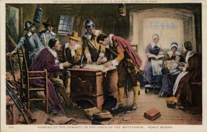 Postcard of the painting, 'Signing of the Compact in the Mayflower', by artist Percy Moran