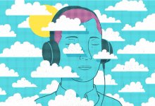 Illustration hero of person wearing headphones listening to podcasts