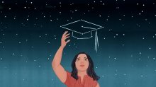 An illustration of a young woman reaching for a graduation cap in the stars