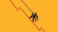 Illustration of mountain climber climbing up red productivity line