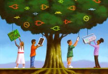 An illustration concept of children interacting with technology