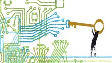Illustration of figure putting a key into circuit board. 