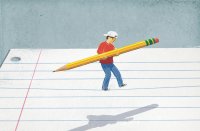 An illustration concept of a student walking a tightrope on a sheet of notebook paper