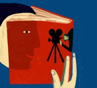 An illustration of a figure reading a book that is also a movie