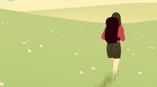 Illustration of a girl walking into an unknown landscape