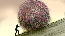 An illustration of a woman pushing a large, messy, tangled ball up a hill