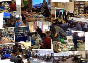 A photo collage of various spaces in the library, with students interacting.