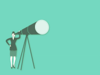 Illo of a woman looking through a giant telescope