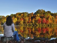 photo of a woman looking at an autumn landscape