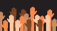 Hands of all colors raised in unison