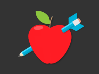 Illio of a red apple with a pencil arrow through the middle